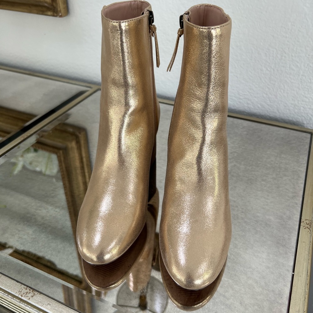 J. Crew Maya Boots Metallic Gold Leather Stacked Heel Booties Women's